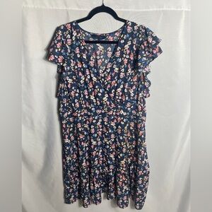 Rachel Roy 18W Navy Floral Wrap Dress Flutter Sleeve A-Line Midi Plus Size